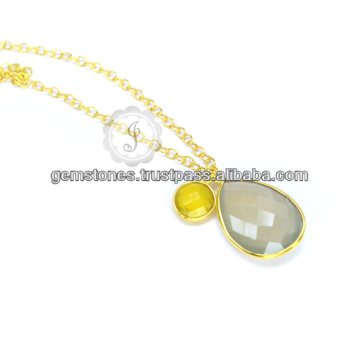 Beautiful Grey Calcedonia Silver Gemstone Long Chain Necklace para as mulheres